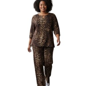 IMAN Leopard Print Lounge Set Top & Wide Leg Pants Women’s L Bold Diva Chic